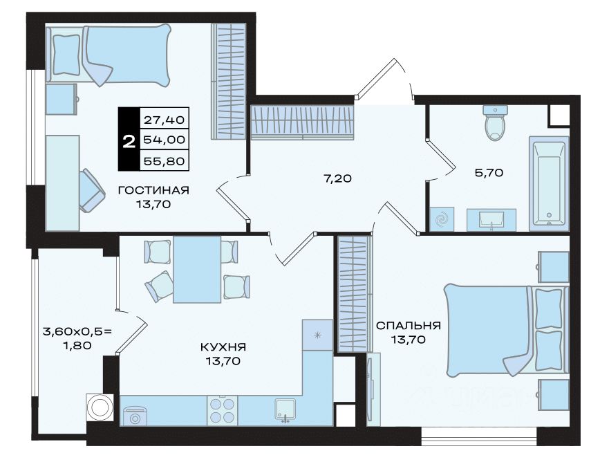 2-комн.кв., 54,9 м², 22/22 этаж