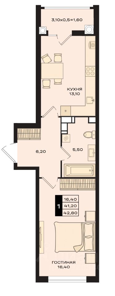 1-комн.кв., 42,4 м², 16/22 этаж
