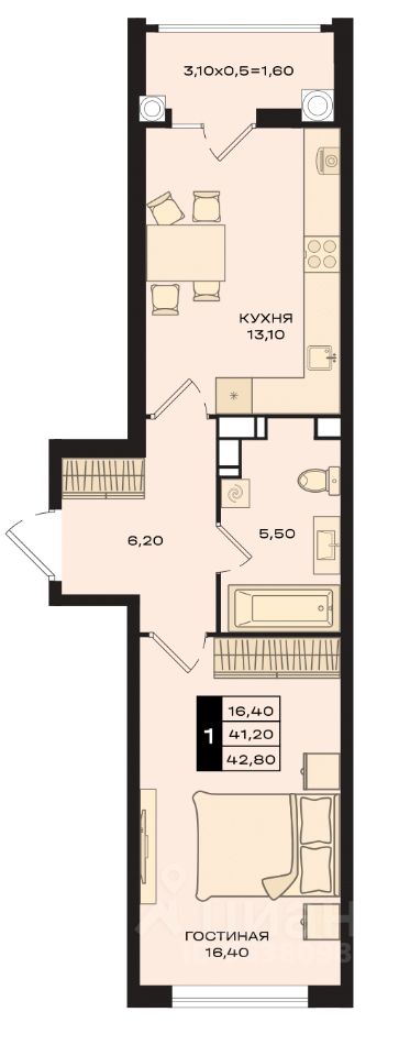 1-комн.кв., 42,4 м², 19/22 этаж