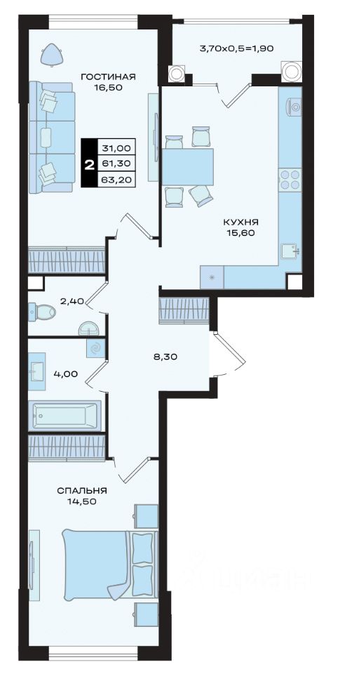 2-комн.кв., 62,4 м², 19/22 этаж