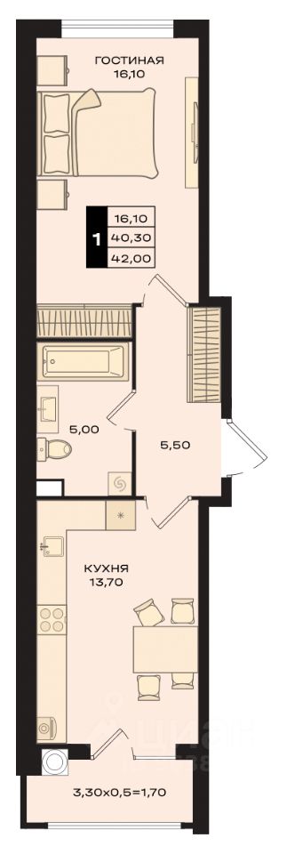 1-комн.кв., 41,6 м², 7/15 этаж