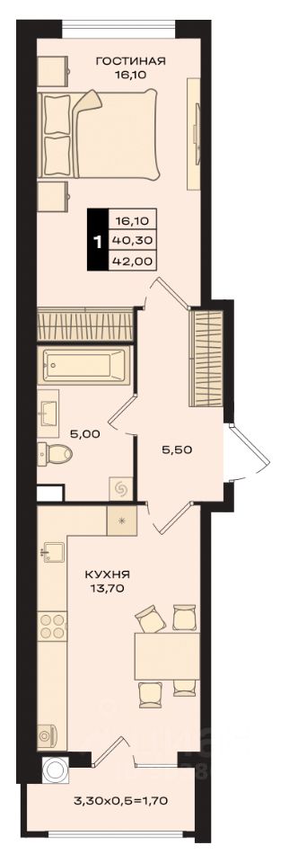 1-комн.кв., 41,6 м², 11/15 этаж