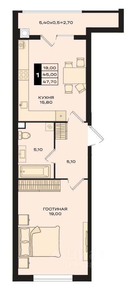1-комн.кв., 47,7 м², 9/15 этаж