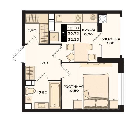 1-комн.кв., 32,3 м², 3/15 этаж