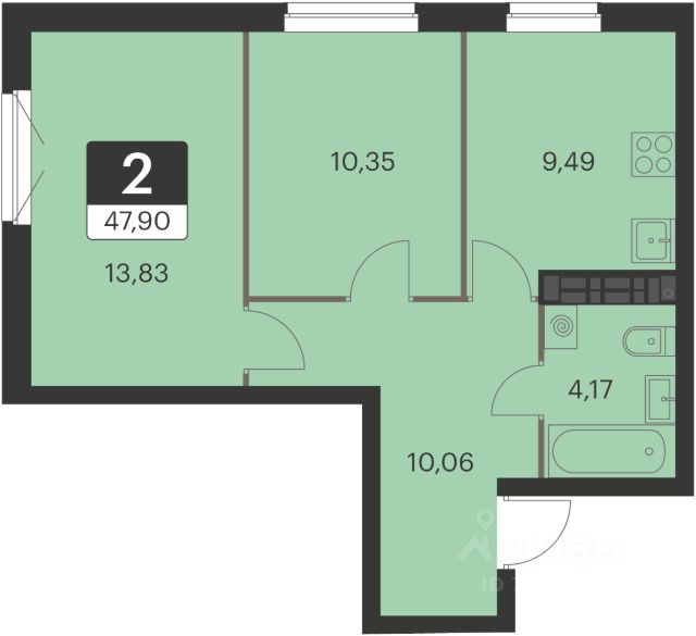 2-комн., 47,6 м², 10/15 этаж
