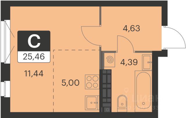 Студия, 25,5 м², 15/15 этаж