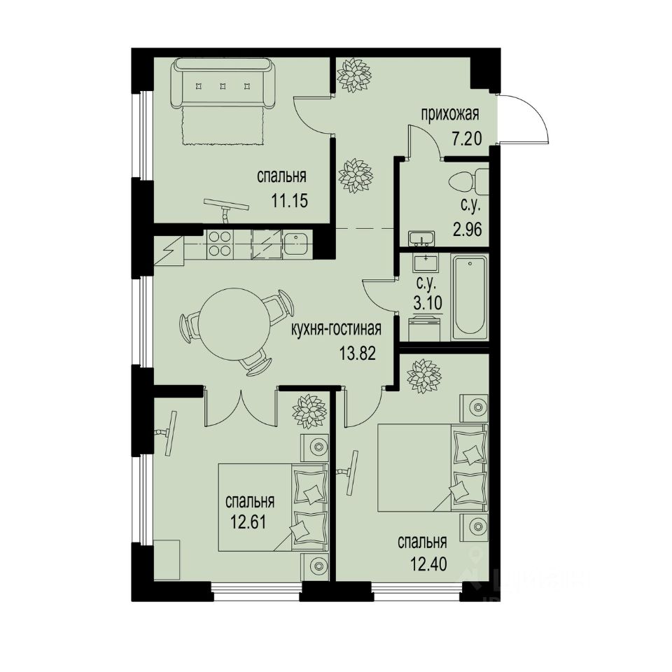 3-комн.кв., 63,2 м², 2/12 этаж