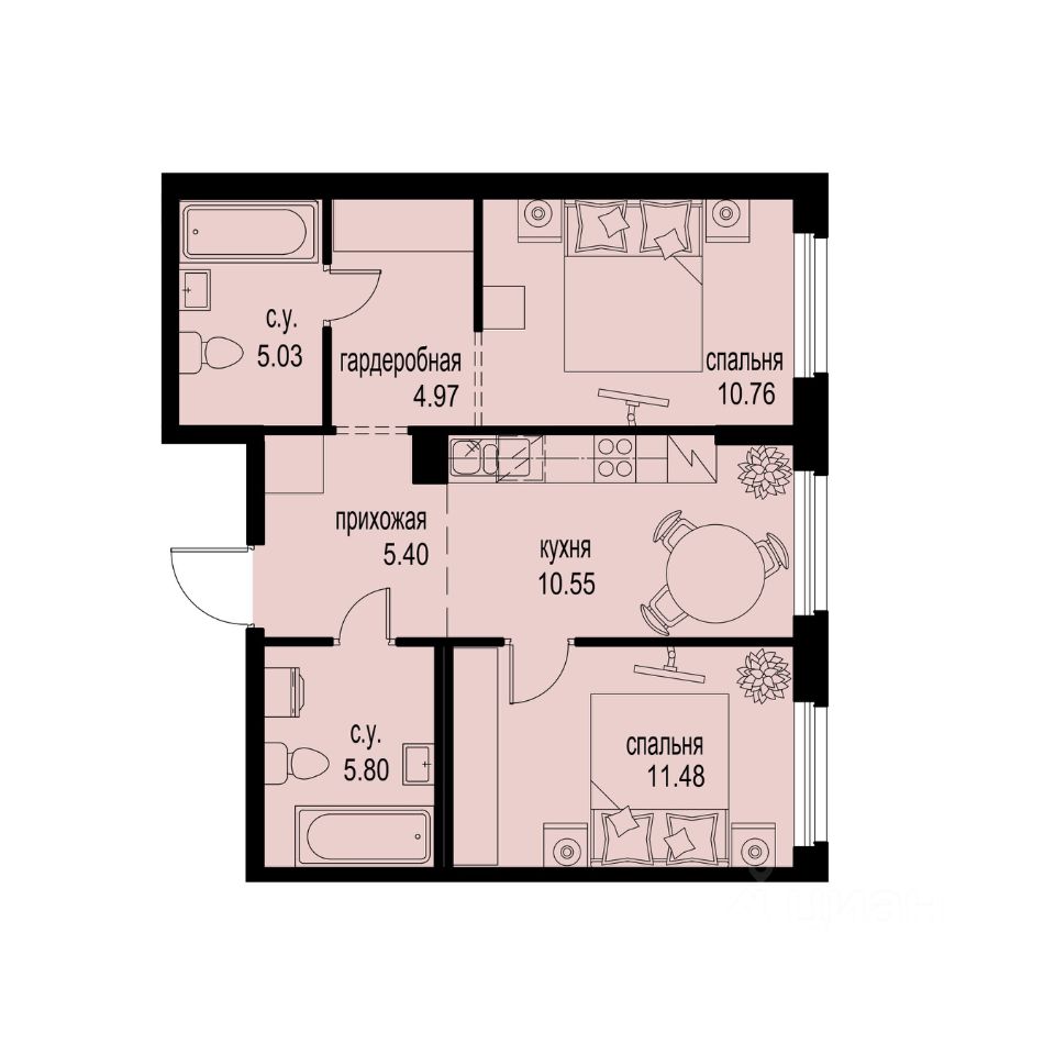 2-комн.кв., 54 м², 2/12 этаж