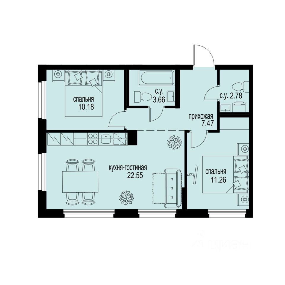 2-комн.кв., 57,9 м², 2/12 этаж