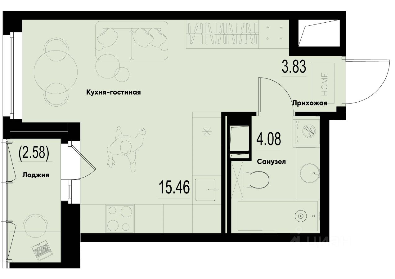 Студия, 24,7 м², 9/12 этаж