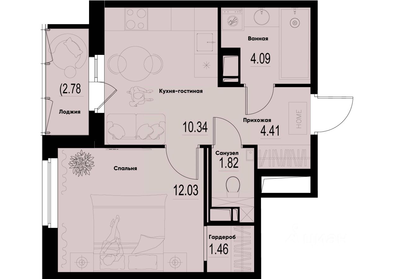 1-комн.кв., 35,5 м², 8/12 этаж
