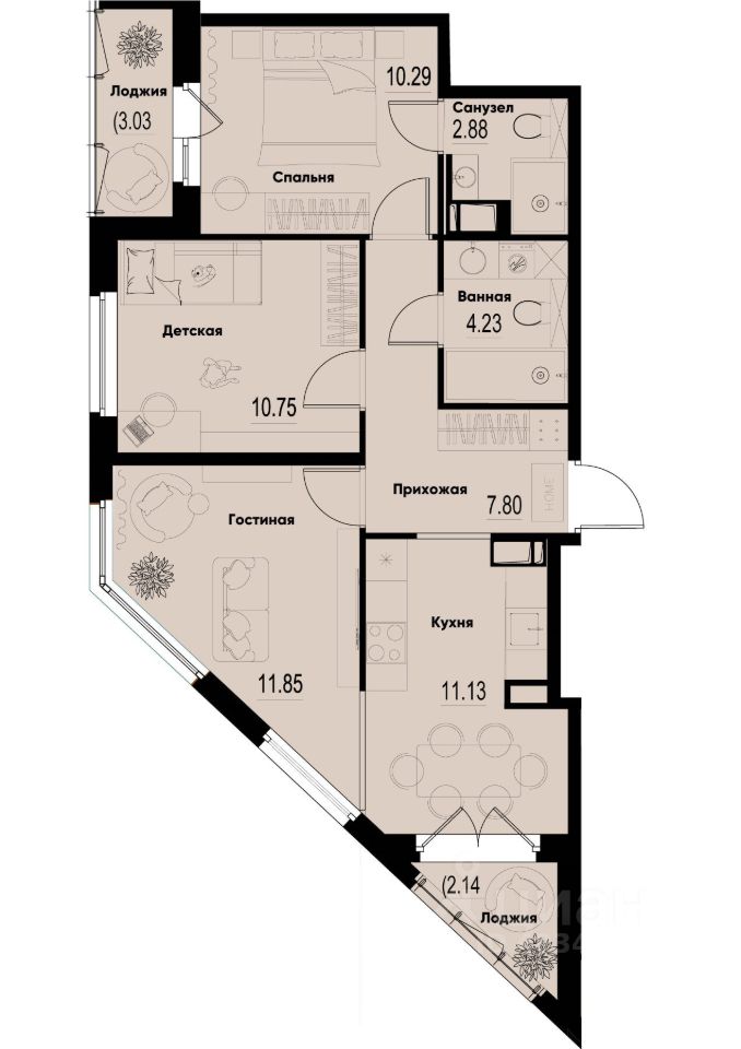 3-комн.кв., 61,5 м², 8/12 этаж