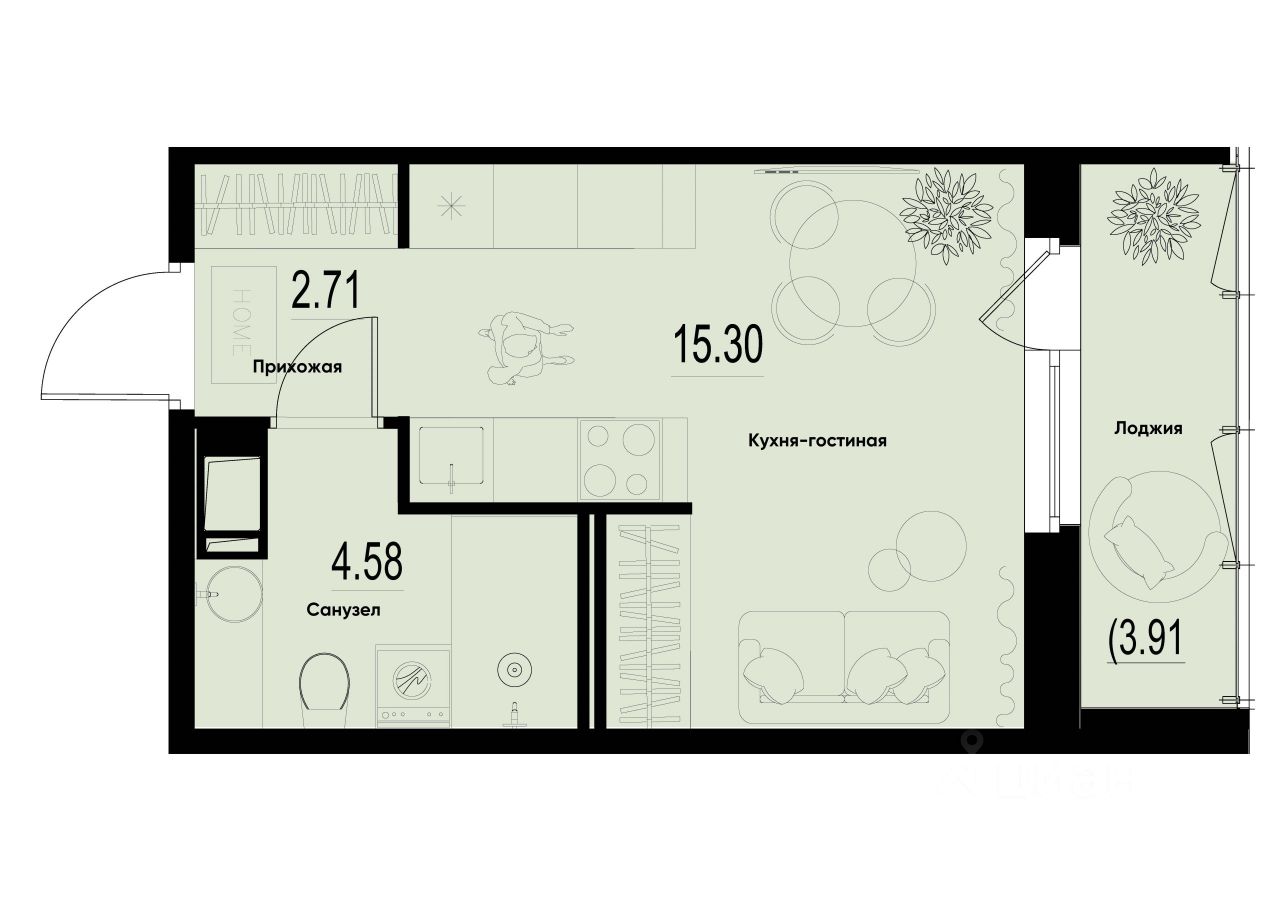 Студия, 24,5 м², 5/12 этаж