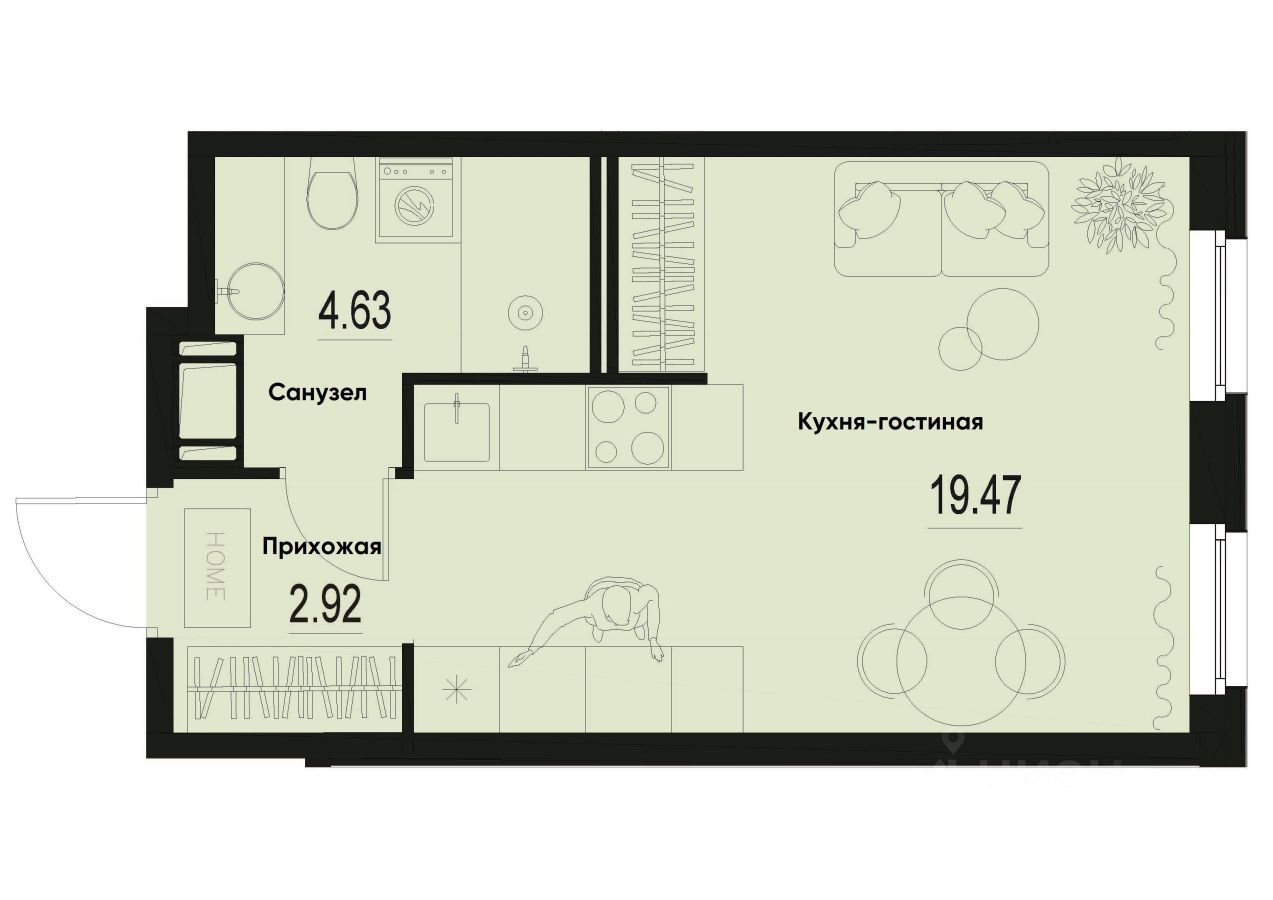 Студия, 27 м², 3/12 этаж