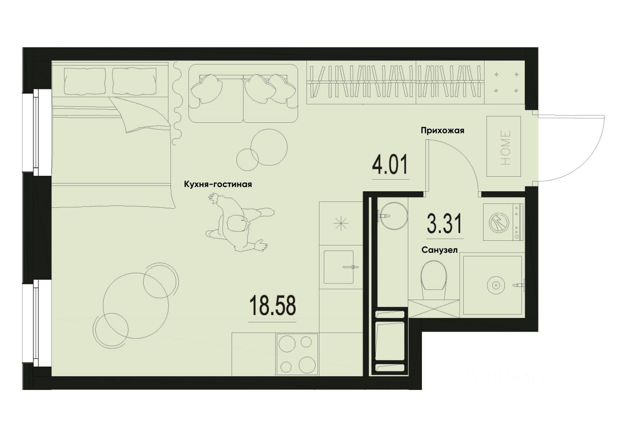 Студия, 25,9 м², 3/12 этаж