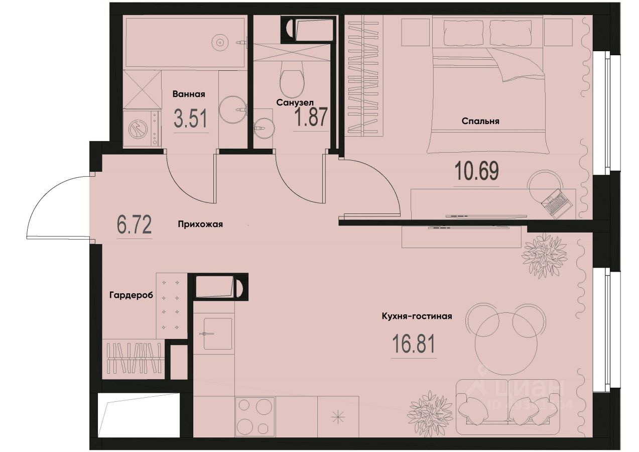 1-комн.кв., 39,6 м², 3/12 этаж