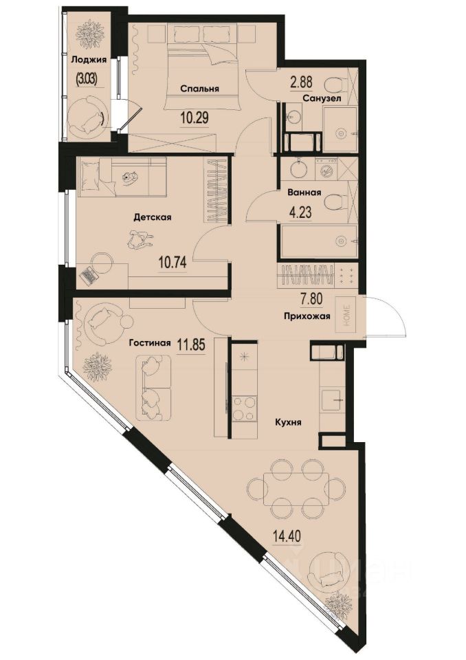 3-комн.кв., 63,7 м², 3/12 этаж