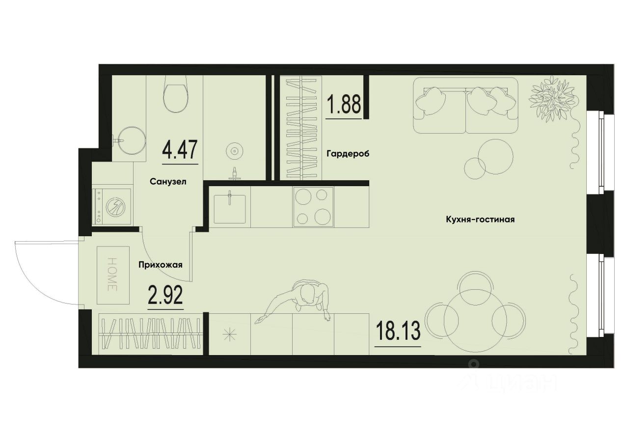 Студия, 27,4 м², 1/12 этаж