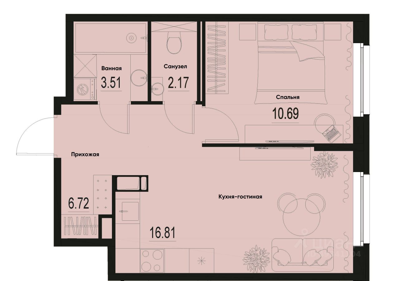 1-комн.кв., 39,9 м², 2/12 этаж