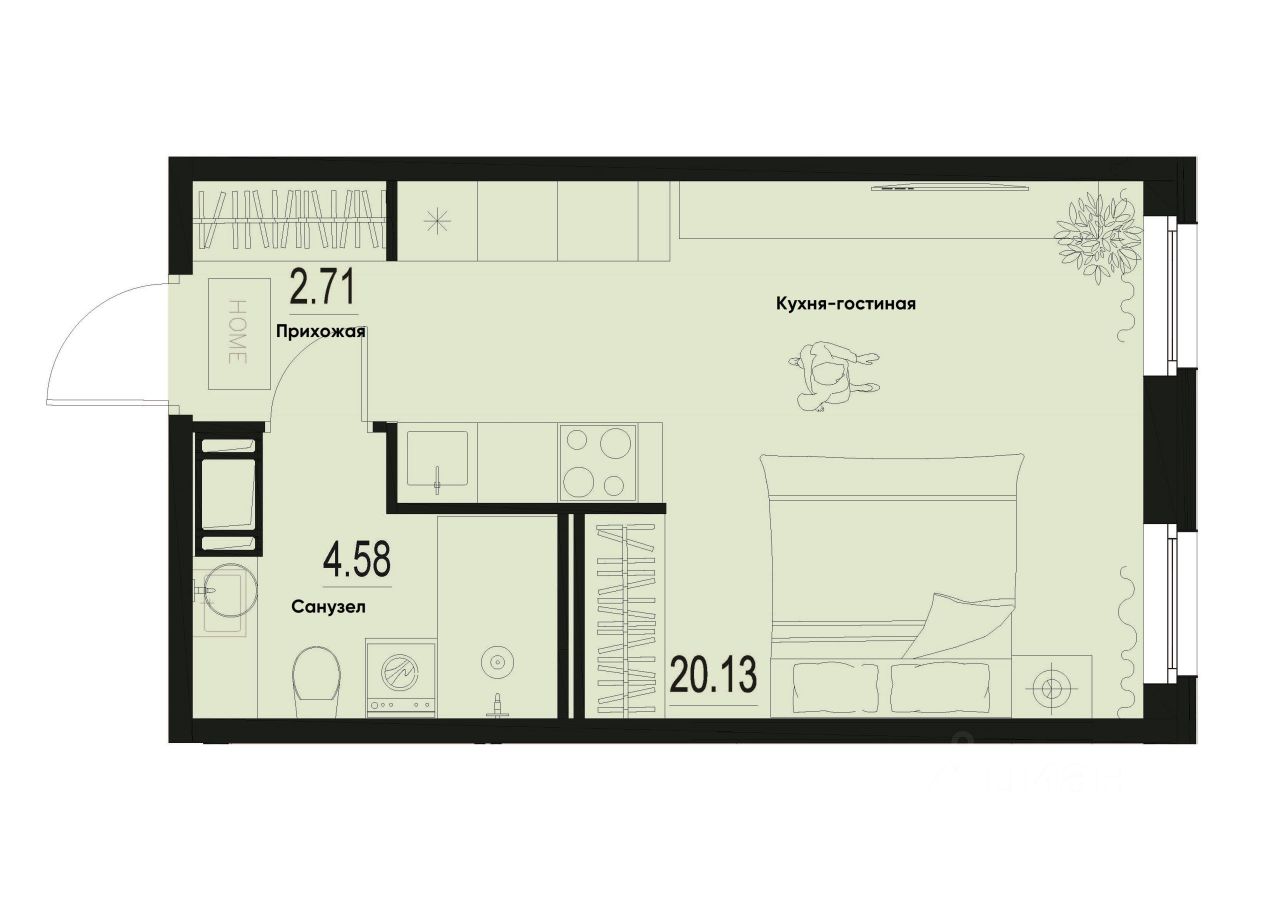 Студия, 27,4 м², 2/12 этаж