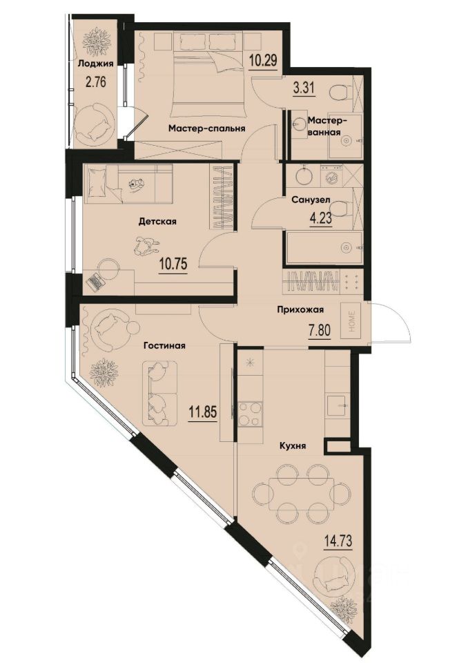 3-комн.кв., 64,3 м², 1/12 этаж