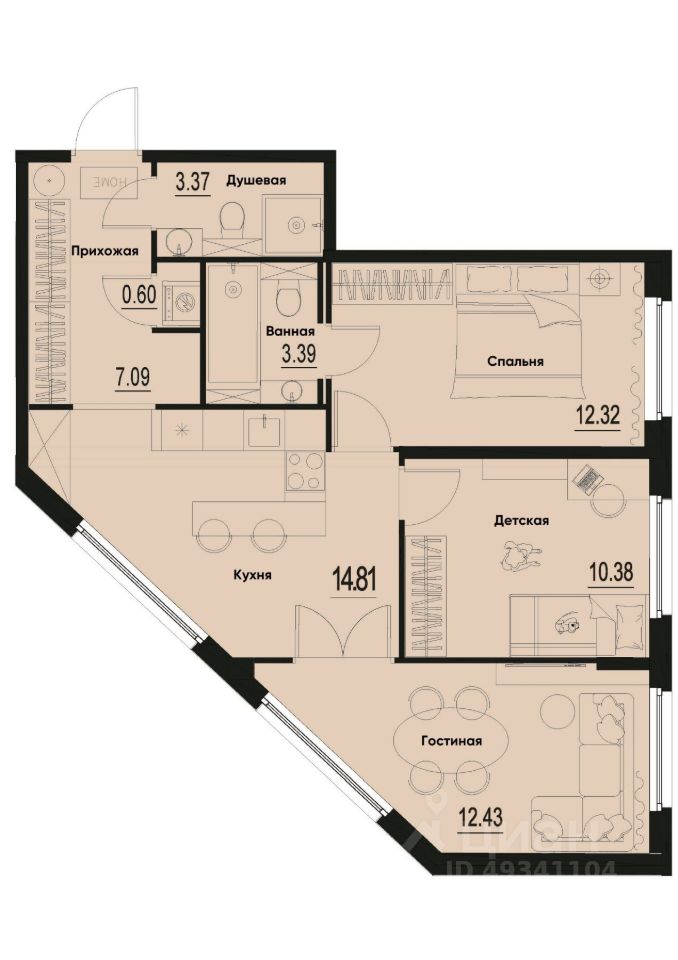 3-комн.кв., 64,4 м², 1/12 этаж