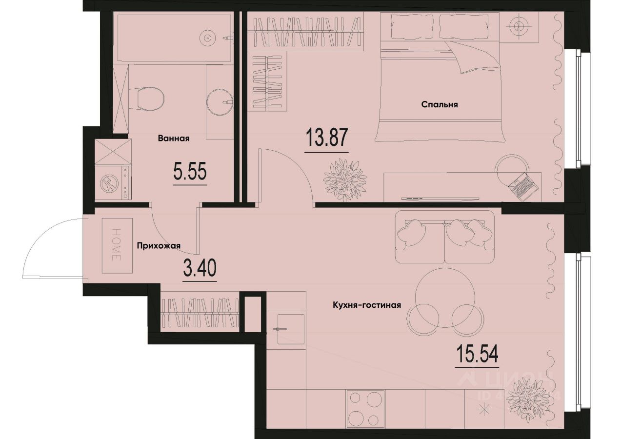 1-комн.кв., 38,4 м², 1/12 этаж