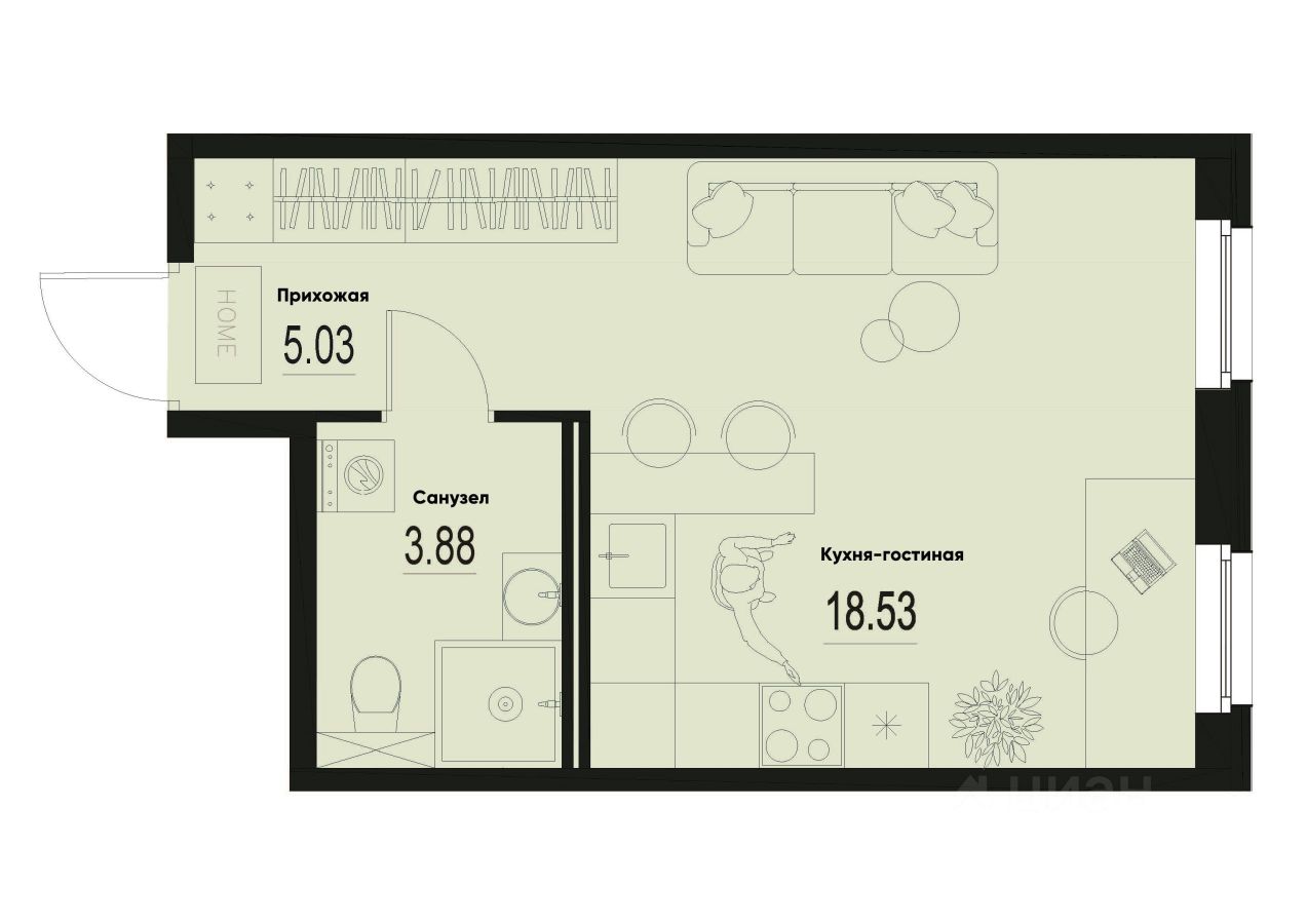Студия, 27,4 м², 3/12 этаж