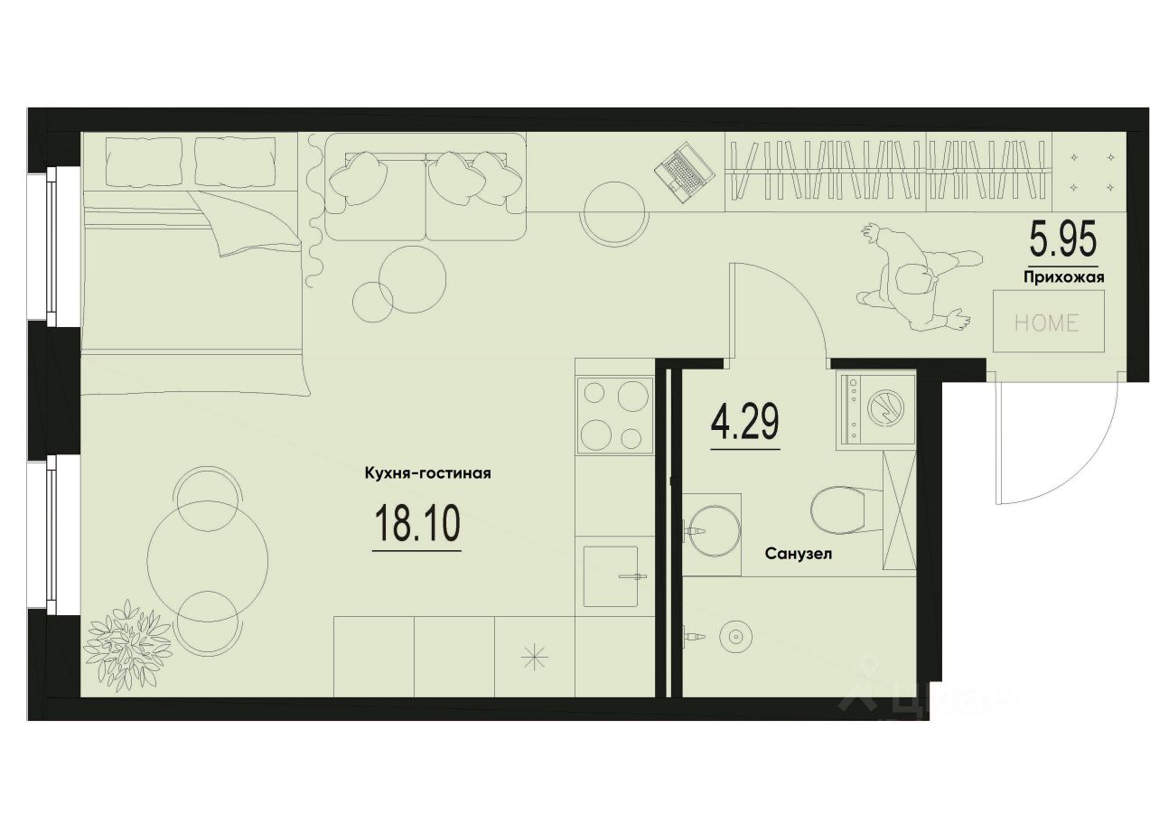 Студия, 28,3 м², 1/12 этаж