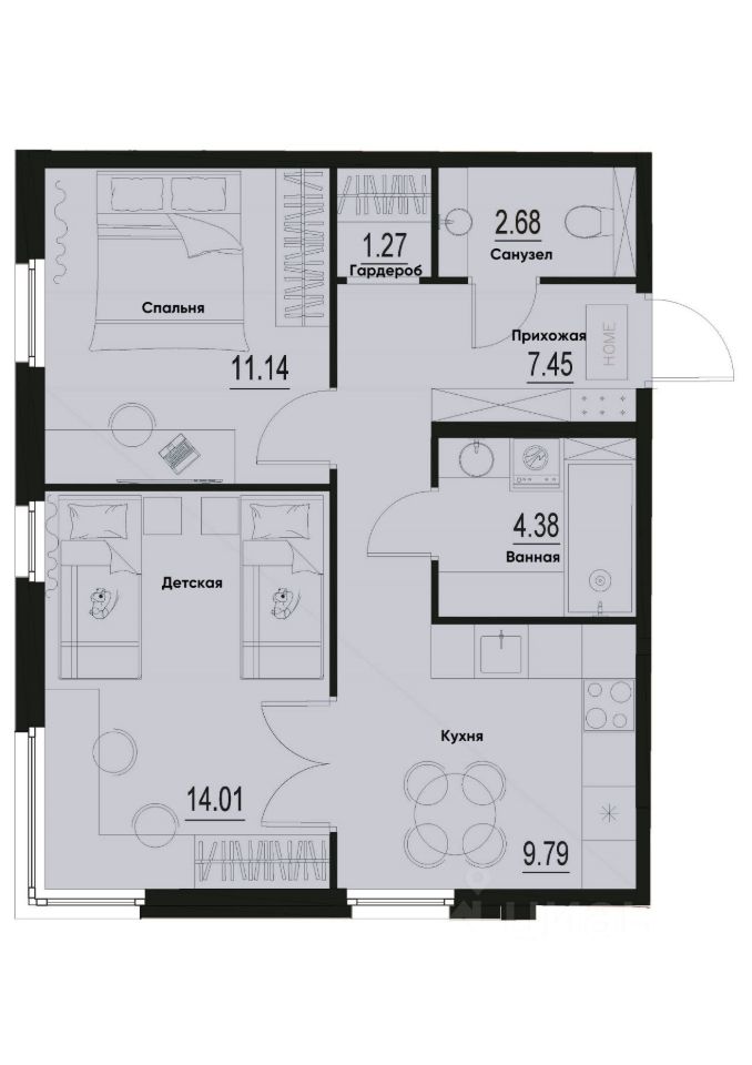 2-комн.кв., 50,7 м², 1/12 этаж