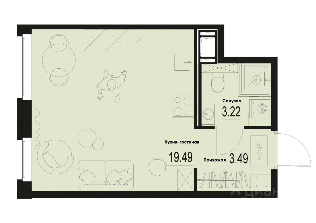 Студия, 26,2 м², 3/12 этаж