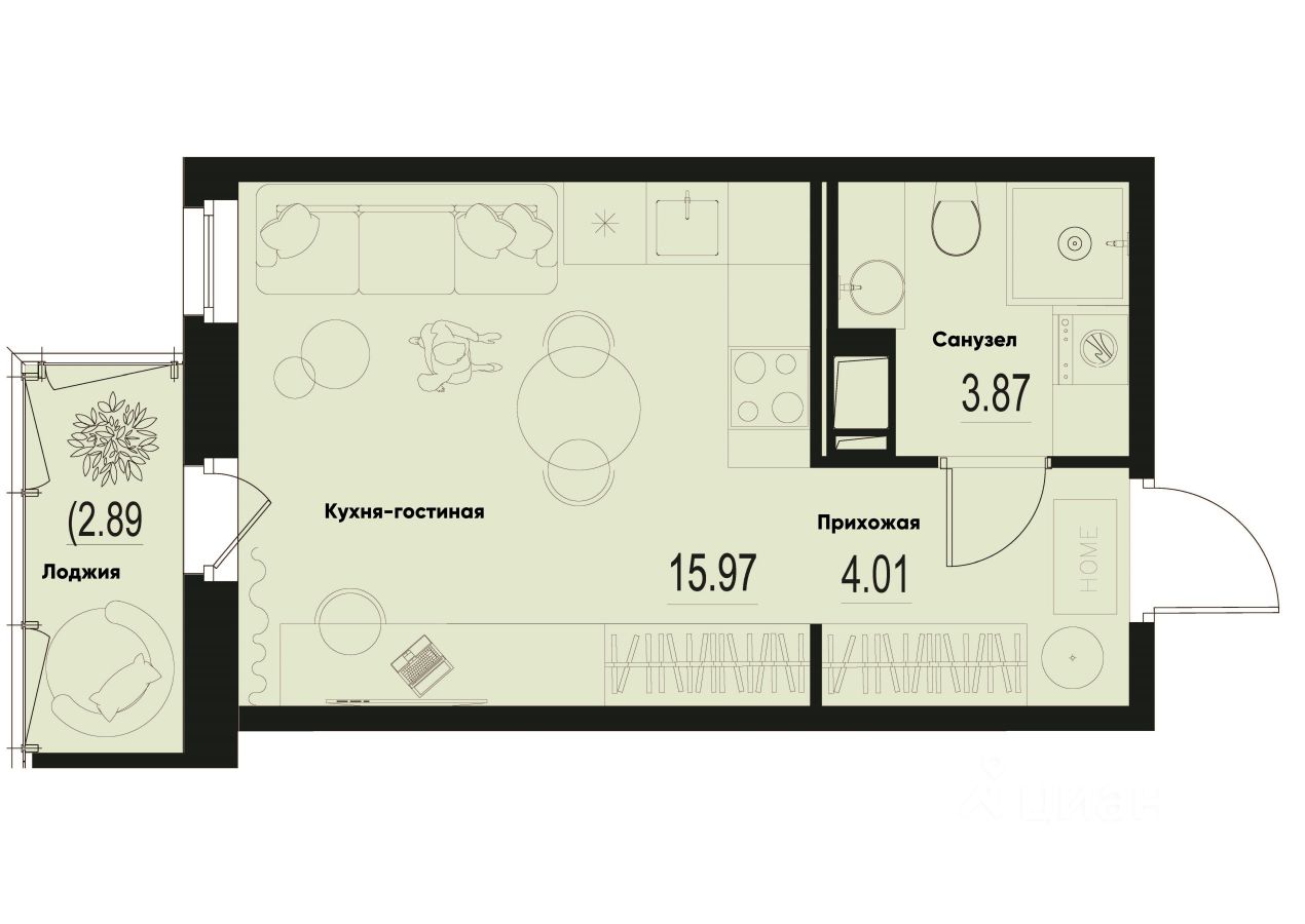 Студия, 24,7 м², 10/12 этаж