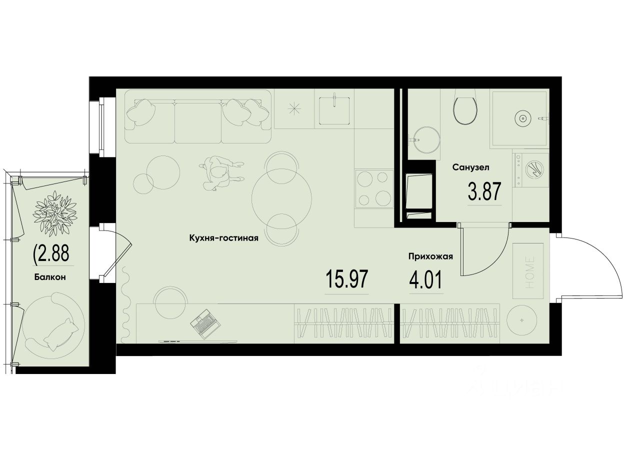 Студия, 24,7 м², 4/12 этаж