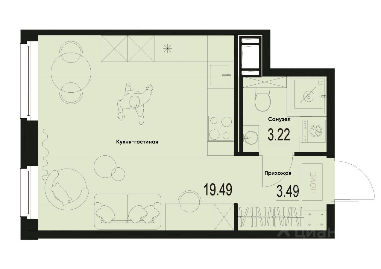 Студия, 26,2 м², 2/12 этаж
