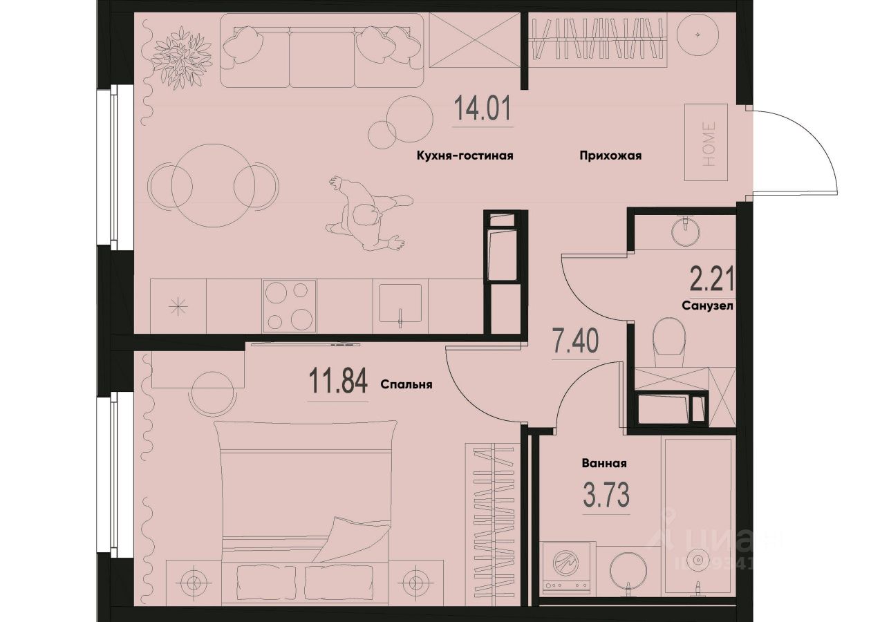 1-комн.кв., 39,2 м², 3/12 этаж