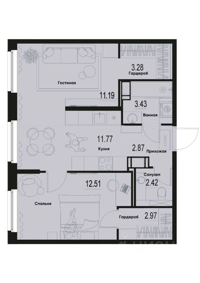 2-комн.кв., 50,4 м², 2/12 этаж