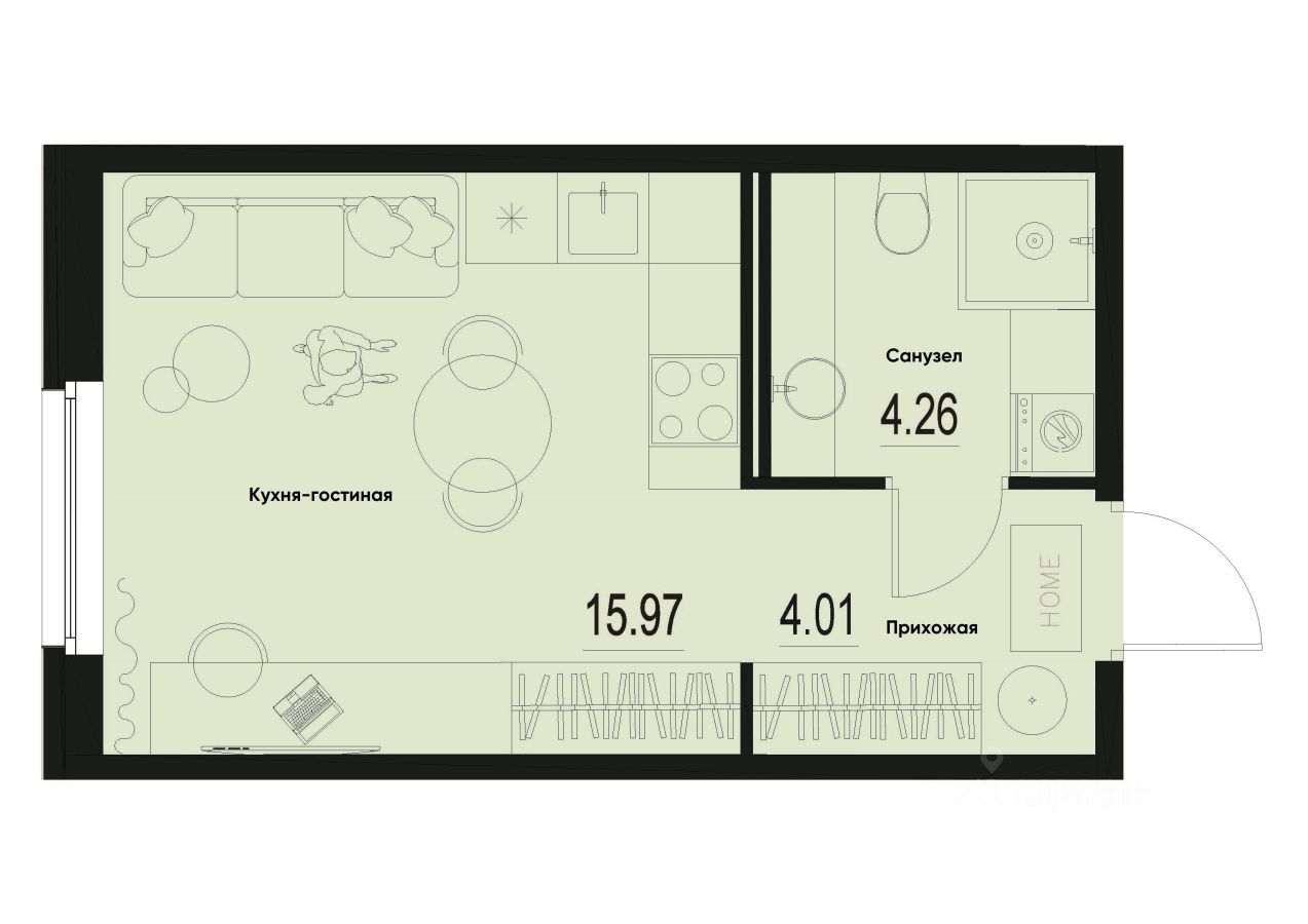 Студия, 24,2 м², 2/12 этаж