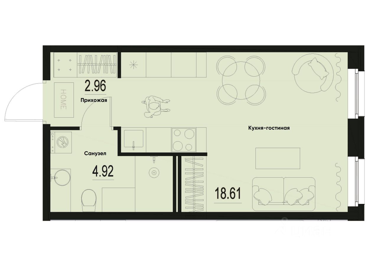 Студия, 26,5 м², 2/12 этаж