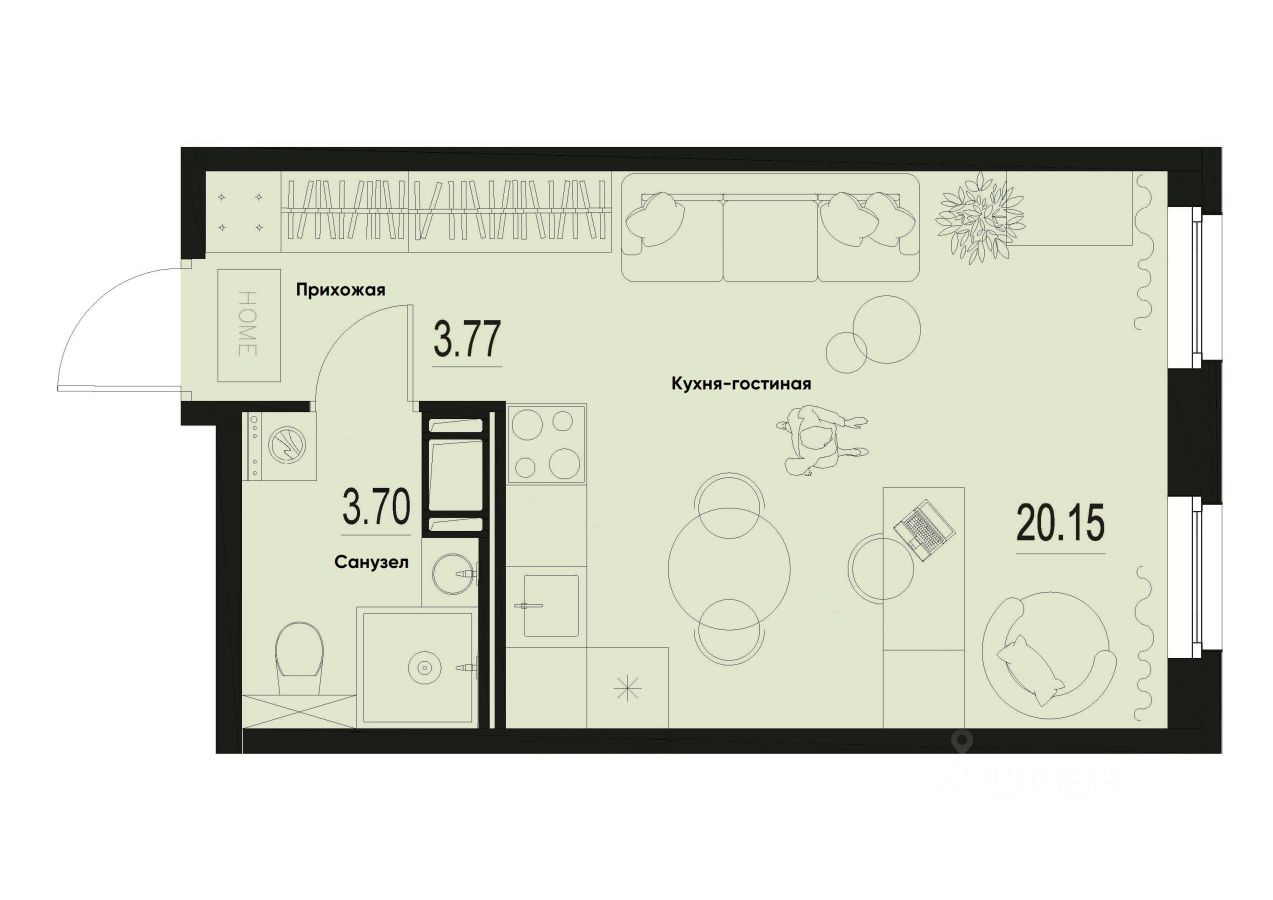 Студия, 27,6 м², 2/12 этаж