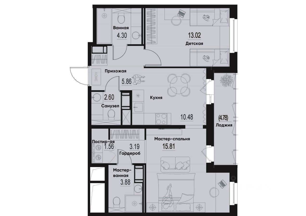 2-комн.кв., 63,1 м², 12/12 этаж