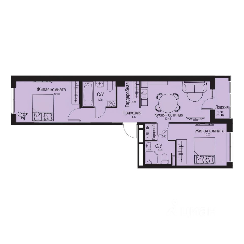 2-комн.кв., 53,4 м², 1/9 этаж