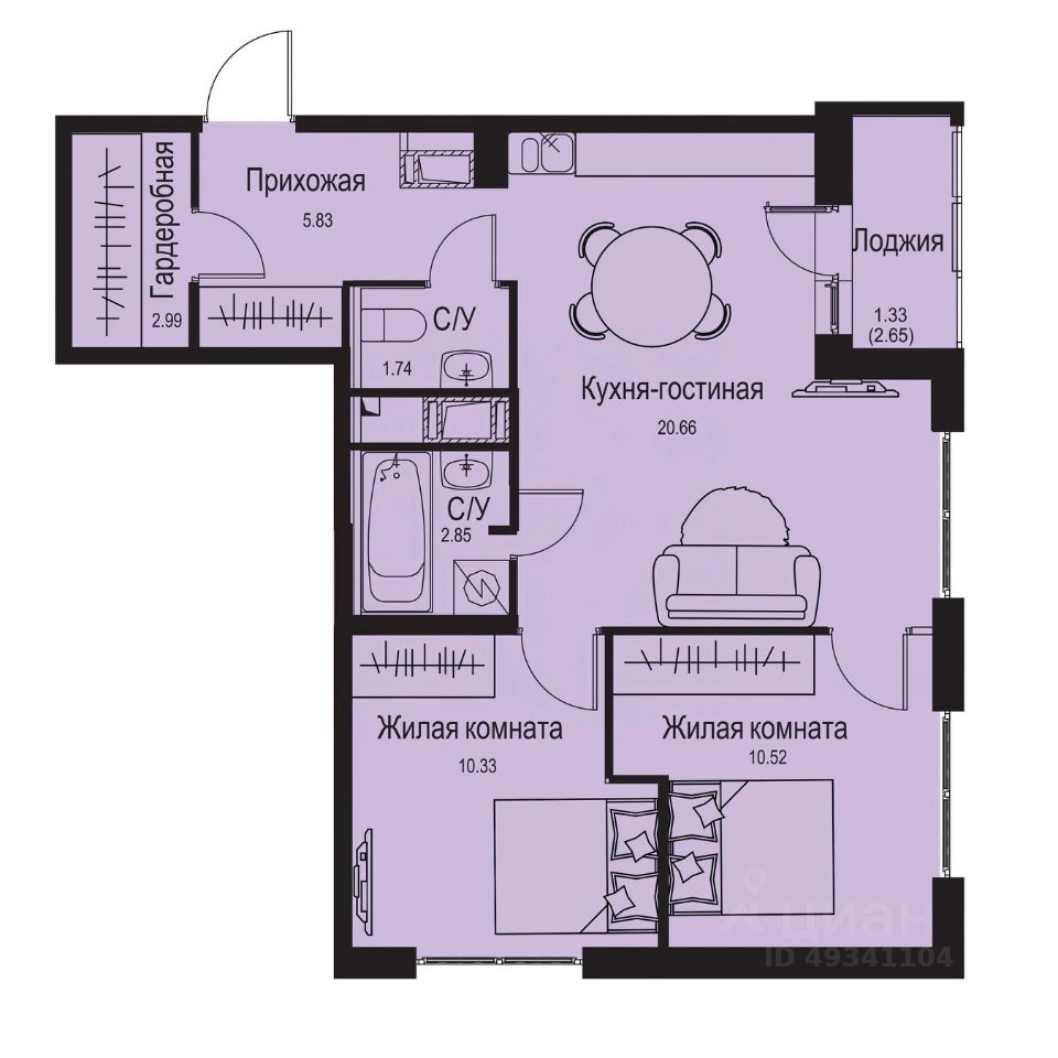 2-комн.кв., 56,2 м², 2/9 этаж