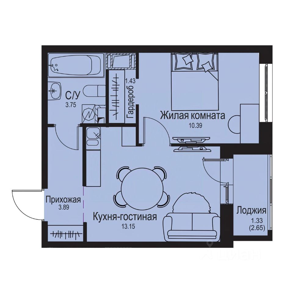 1-комн.кв., 33,9 м², 8/9 этаж