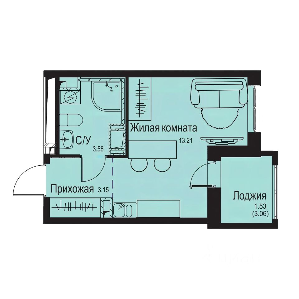 Студия, 21,5 м², 5/9 этаж
