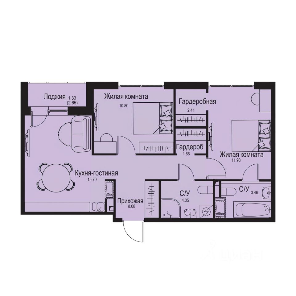 2-комн.кв., 59,5 м², 2/9 этаж