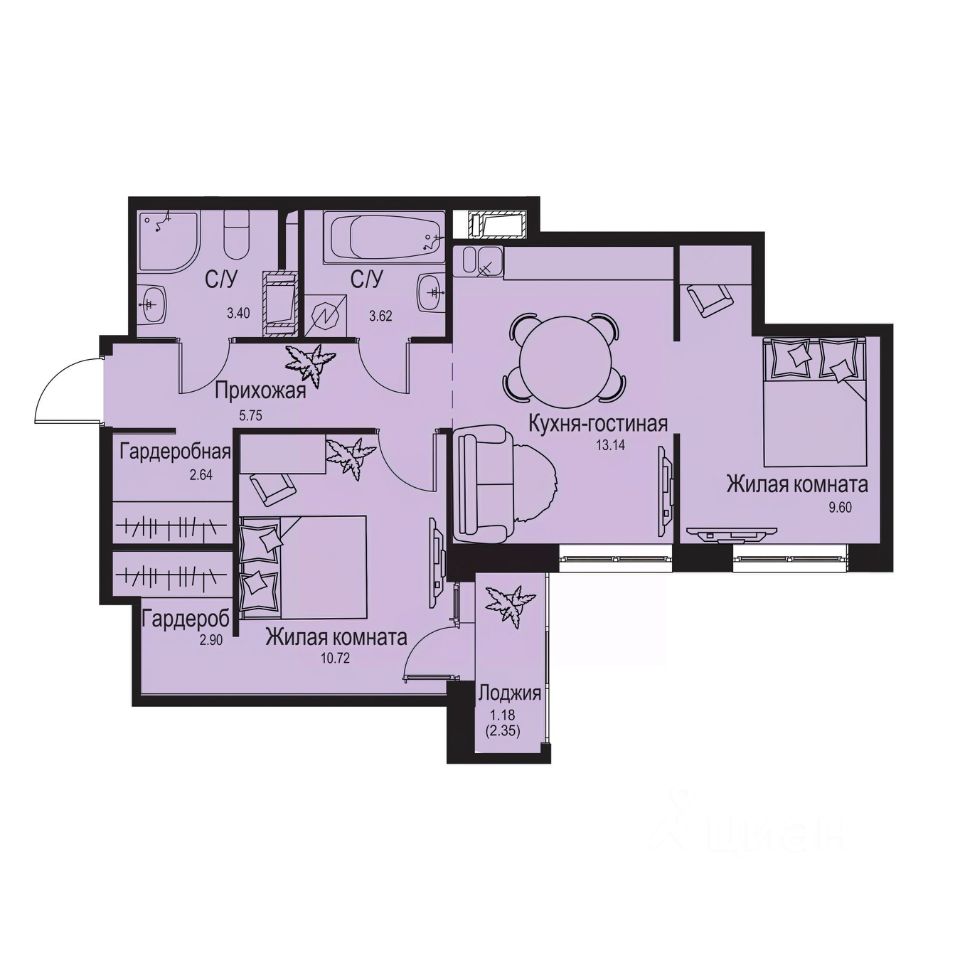 2-комн.кв., 53 м², 3/9 этаж