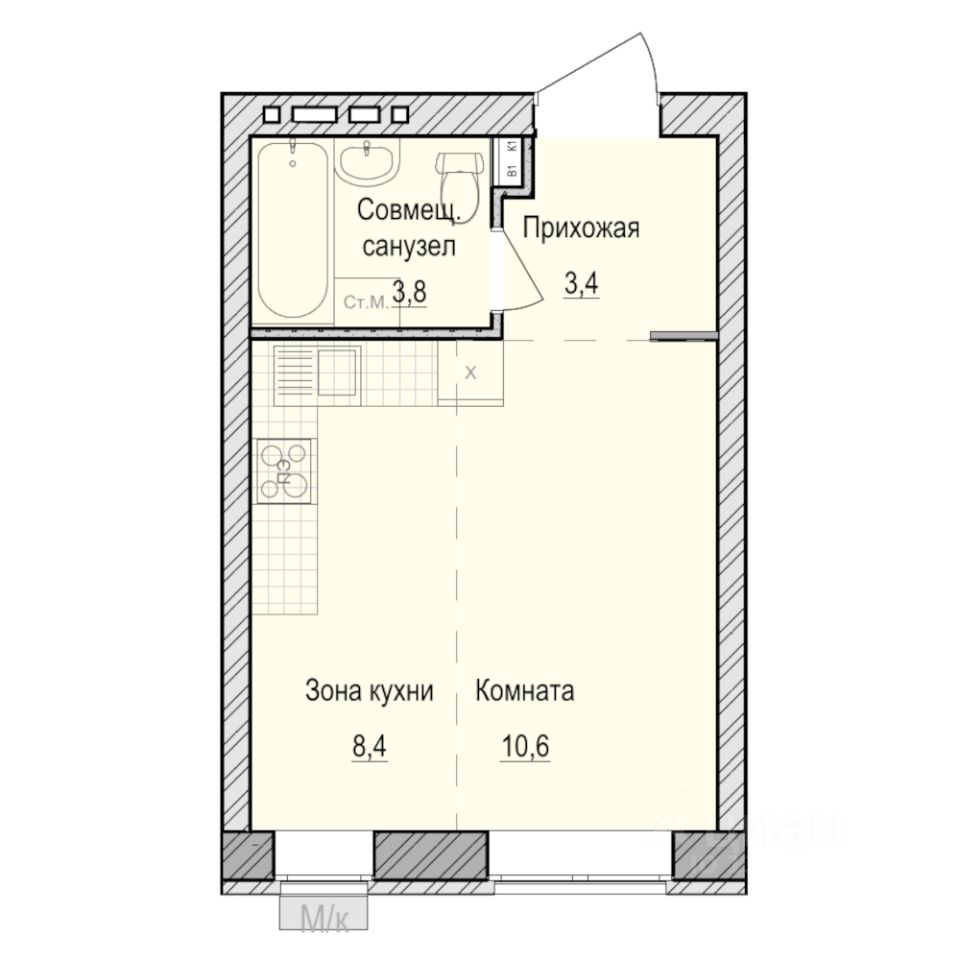 Студия, 26,2 м², 3/5 этаж