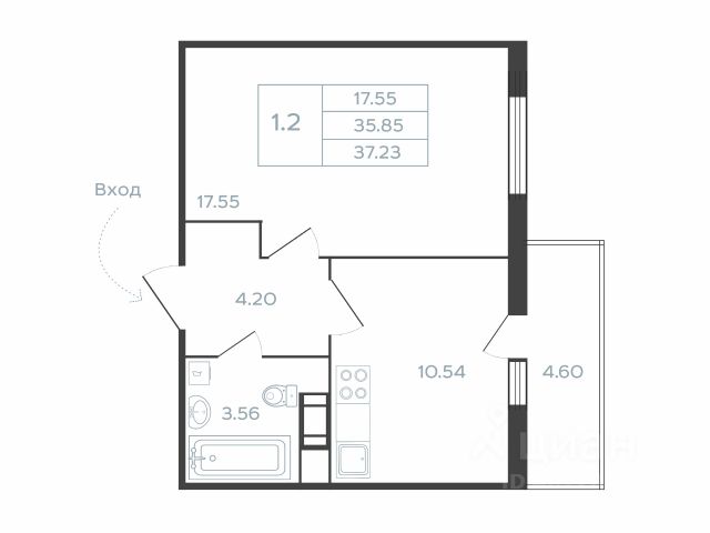 1-комн., 38,4 м², 1/21 этаж