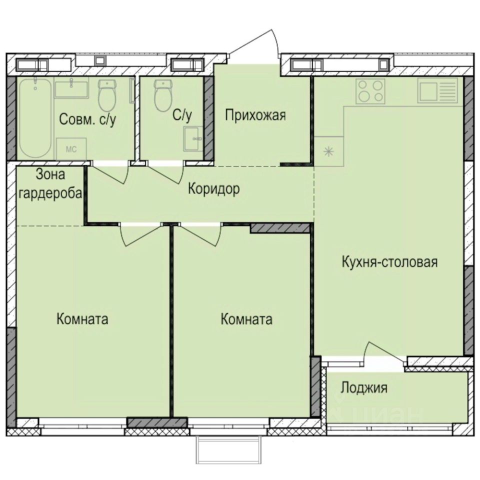 2-комн.кв., 57,5 м², 7/17 этаж