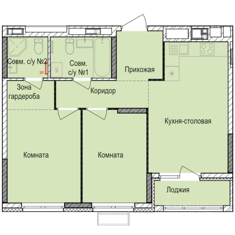2-комн.кв., 57,7 м², 16/17 этаж